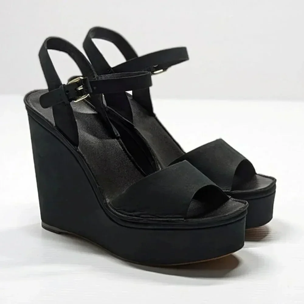 Joie Hindy Women's Platform Wedge Sandal Black Leather Size 8 M (MSRP $298)
